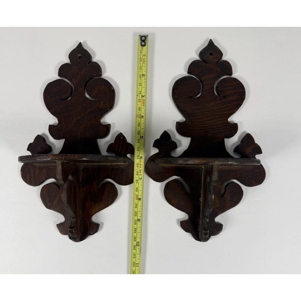 VTG Handmade Wooden Wall Shelf Pair Scroll Cut Hanging Display